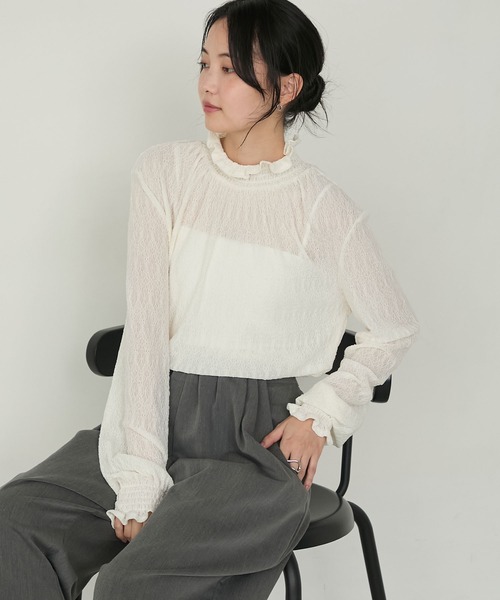 forksy.(フォルクシー)の「【forksy.】【オケージョン対応】ギャザーハイネックシアージャガードプルオーバー(シャツ/ブラウス・レディース・ブラック/アイボリー/ブラウン・FREE)」の5枚目の写真