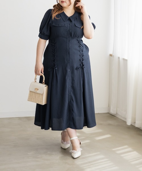 CLETTE(クレット)の「CLETTEオリジナルシアーチェックレースアップデザインシャツワンピース(ワンピース・レディース・イエロー/ブルー/ネイビー・LL/3L/4L)」の1枚目の写真