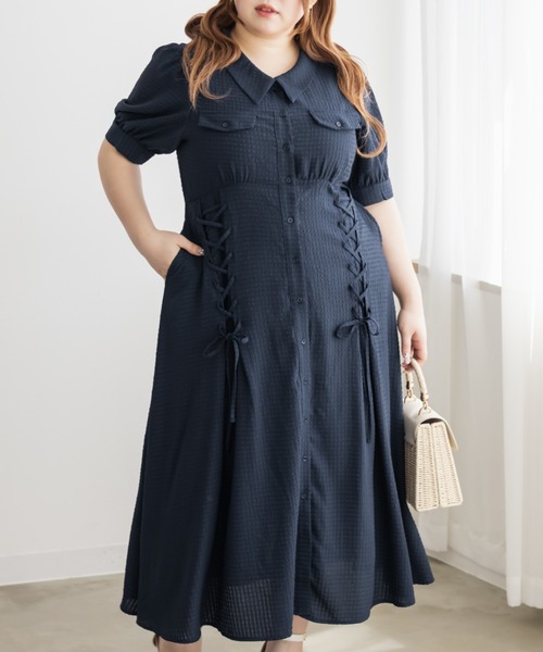 CLETTE(クレット)の「CLETTEオリジナルシアーチェックレースアップデザインシャツワンピース(ワンピース・レディース・イエロー/ブルー/ネイビー・LL/3L/4L)」の7枚目の写真