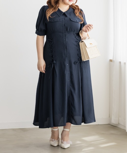 CLETTE(クレット)の「CLETTEオリジナルシアーチェックレースアップデザインシャツワンピース(ワンピース・レディース・イエロー/ブルー/ネイビー・LL/3L/4L)」の6枚目の写真