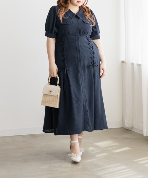 CLETTE(クレット)の「CLETTEオリジナルシアーチェックレースアップデザインシャツワンピース(ワンピース・レディース・イエロー/ブルー/ネイビー・LL/3L/4L)」の5枚目の写真