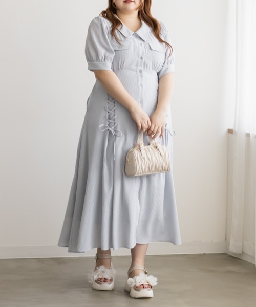 CLETTE(クレット)の「CLETTEオリジナルシアーチェックレースアップデザインシャツワンピース(ワンピース・レディース・イエロー/ブルー/ネイビー・LL/3L/4L)」の11枚目の写真