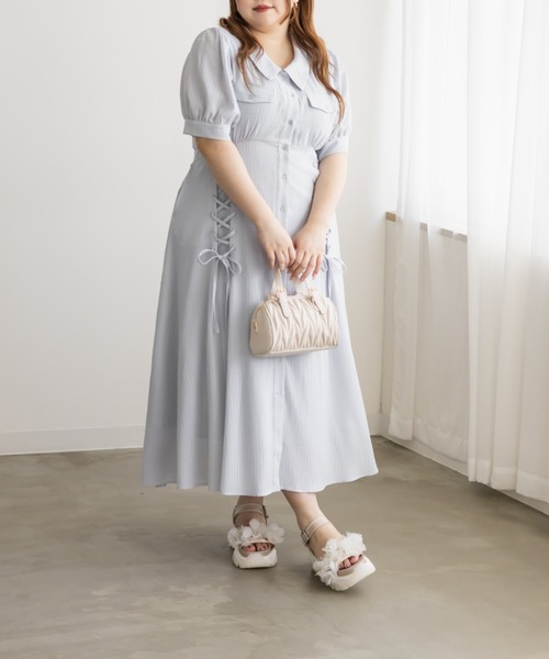 CLETTE(クレット)の「CLETTEオリジナルシアーチェックレースアップデザインシャツワンピース(ワンピース・レディース・イエロー/ブルー/ネイビー・LL/3L/4L)」の10枚目の写真