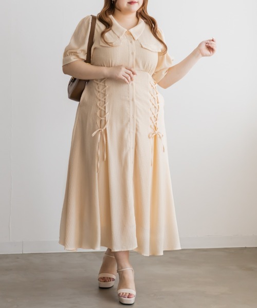 CLETTE(クレット)の「CLETTEオリジナルシアーチェックレースアップデザインシャツワンピース(ワンピース・レディース・イエロー/ブルー/ネイビー・LL/3L/4L)」の13枚目の写真
