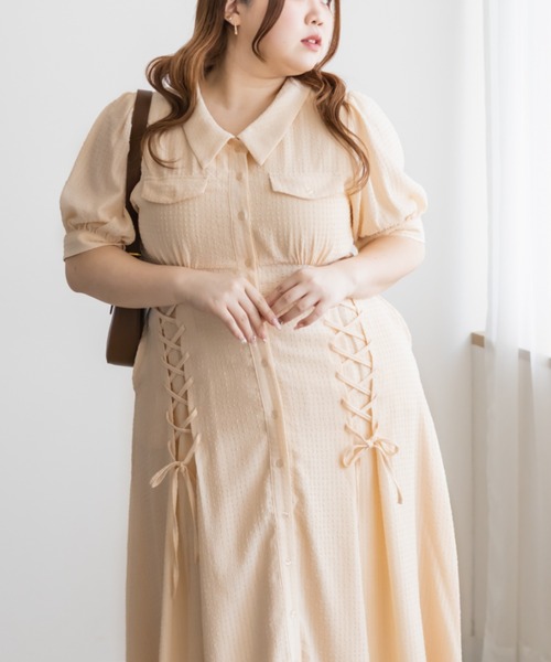 CLETTE(クレット)の「CLETTEオリジナルシアーチェックレースアップデザインシャツワンピース(ワンピース・レディース・イエロー/ブルー/ネイビー・LL/3L/4L)」の17枚目の写真