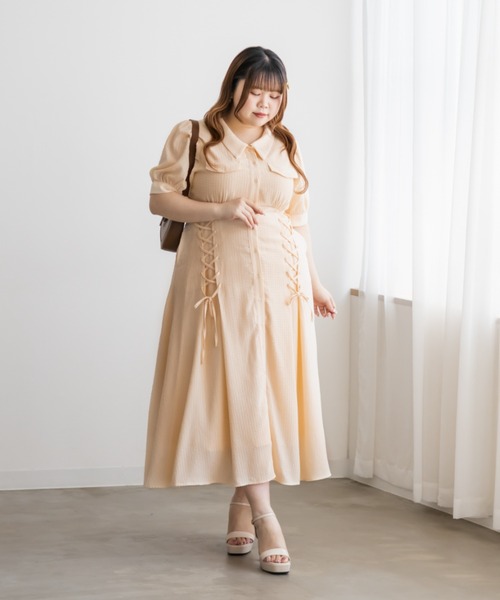 CLETTE(クレット)の「CLETTEオリジナルシアーチェックレースアップデザインシャツワンピース(ワンピース・レディース・イエロー/ブルー/ネイビー・LL/3L/4L)」の14枚目の写真