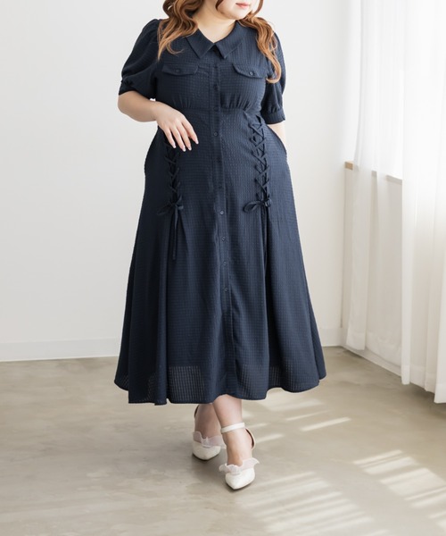 CLETTE(クレット)の「CLETTEオリジナルシアーチェックレースアップデザインシャツワンピース(ワンピース・レディース・イエロー/ブルー/ネイビー・LL/3L/4L)」の4枚目の写真