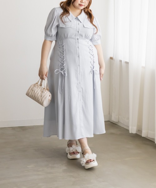 CLETTE(クレット)の「CLETTEオリジナルシアーチェックレースアップデザインシャツワンピース(ワンピース・レディース・イエロー/ブルー/ネイビー・LL/3L/4L)」の9枚目の写真