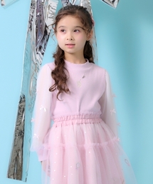 ネックレス刺しゅう　袖チュール　テレコ長袖Tシャツ