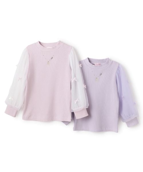 mezzo piano（メゾピアノ）の「ネックレス刺しゅう　袖チュール　テレコ長袖Tシャツ（Tシャツ/カットソー・キッズ・ライトピンク/ラベンダー・130cm/120cm/140cm）」の6枚目の写真