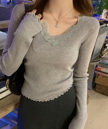 配レース Vネック リブ ニット プルオーバー
