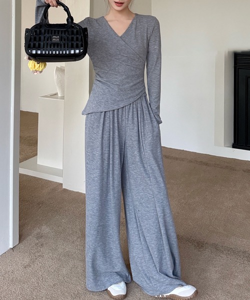 Lace Ladies（レースレディース）の「カシュクール 長袖 リラックス ワイドパンツ セットアップ（セットアップ・レディース・グレイッシュベージュ/ブラック/グレー・FREE/S）」の8枚目の写真