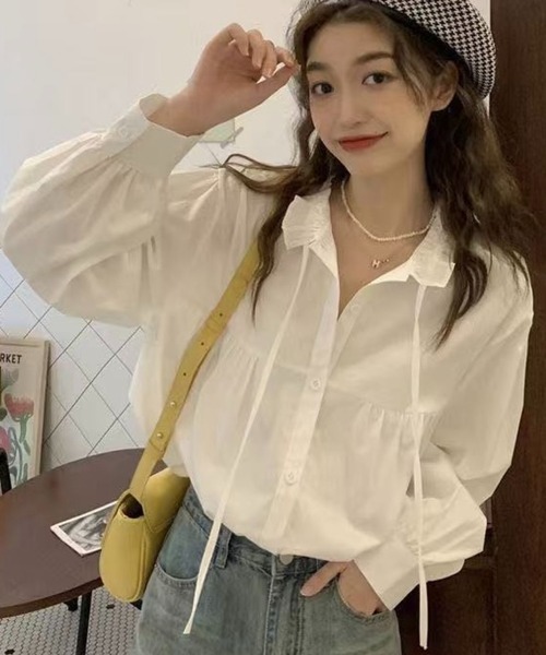 セール】ギャザーリボンデザイン シャツブラウス／ホワイト・ブラウン