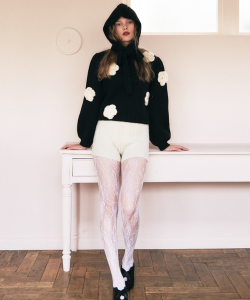 トップス HONEY MI HONEY flower puff sleeve knit HONEY MI HONEY｜立体フラワーニット｜レディース パフスリーブセーター