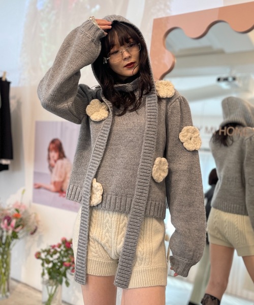 トップス HONEY MI HONEY flower puff sleeve knit HONEY MI HONEY｜立体フラワーニット｜レディース パフスリーブセーター
