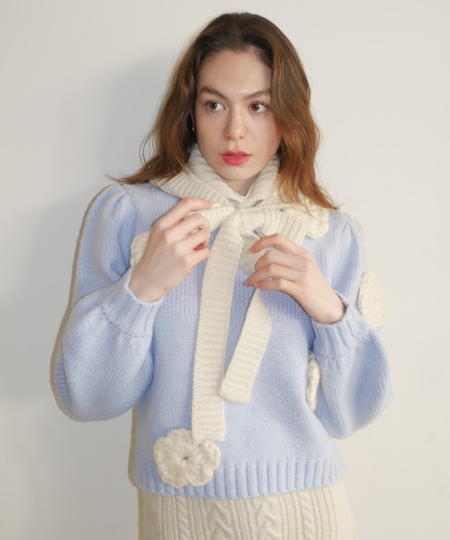 トップス HONEY MI HONEY flower puff sleeve knit HONEY MI HONEY｜立体フラワーニット｜レディース パフスリーブセーター