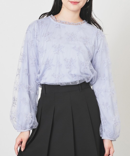 Honeys(ハニーズ)の「チュール刺繍トップス(Tシャツ/カットソー・レディース・サックスブルー系/アイボリー/ブラック・L/LL/M/S)」の3枚目の写真