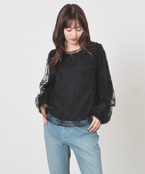 Honeys(ハニーズ)の「チュール刺繍トップス(Tシャツ/カットソー・レディース・サックスブルー系/アイボリー/ブラック・L/LL/M/S)」の11枚目の写真