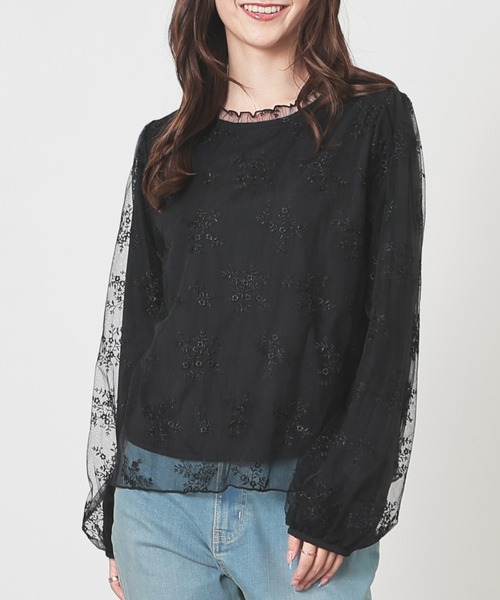 Honeys(ハニーズ)の「チュール刺繍トップス(Tシャツ/カットソー・レディース・サックスブルー系/アイボリー/ブラック・L/LL/M/S)」の12枚目の写真