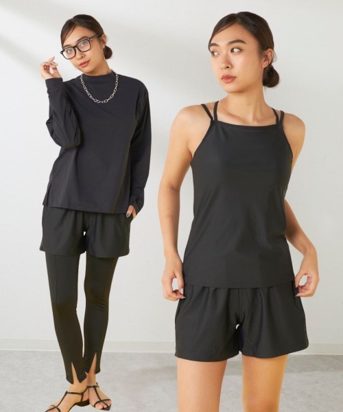 Ocean Pacific（オーシャンパシフィック）の「【OP/オーピー】レディースモックネックラッシュガード付き水着5点セット　ヨガウェア ピラティス トレーニングウェア（水着・レディース・ブラック/ベージュ/チャコールグレー・LARGE/X-LARGE/MEDIUM）」の2枚目の写真