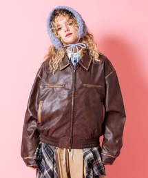 a.p.o.v.（エーピーオービー）の「a.p.o.v. ヴィンテージウォッシュパイピングライン合成皮革オーバーサイズ襟付きブルゾン（ブルゾン）」