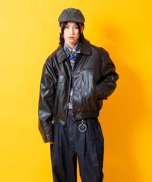 a.p.o.v.（エーピーオービー）の「a.p.o.v. ヴィンテージウォッシュパイピングライン合成皮革オーバーサイズ襟付きブルゾン（ブルゾン・メンズ・ブラウン/ブラック・ONESIZE）」の7枚目の写真