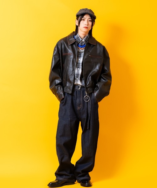 a.p.o.v.（エーピーオービー）の「a.p.o.v. ヴィンテージウォッシュパイピングライン合成皮革オーバーサイズ襟付きブルゾン（ブルゾン・メンズ・ブラウン/ブラック・ONESIZE）」の5枚目の写真