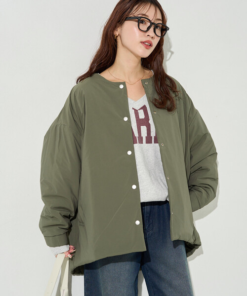 FREAK'S STORE（フリークスストア）の「限定展開　ミルフィーユ ノーカラー リバーシブル 中綿(ブルゾン)（ダウンジャケット/コート・レディース・ベージュ/ブラウン/オリーブ/ブラック・ﾌﾘ-）」の4枚目の写真