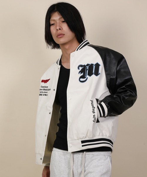 aimoha(アイモハ)の「ワッペンロゴPUスタジャン/Patch logo PU stadium jacket(スタジャン・メンズ・ブラック/ホワイト・X-LARGE/MEDIUM/LARGE)」の1枚目の写真