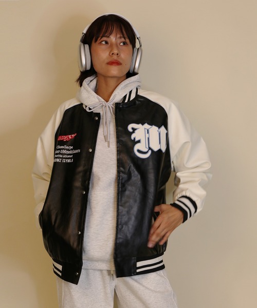 aimoha(アイモハ)の「ワッペンロゴPUスタジャン/Patch logo PU stadium jacket(スタジャン・メンズ・ブラック/ホワイト・X-LARGE/MEDIUM/LARGE)」の2枚目の写真