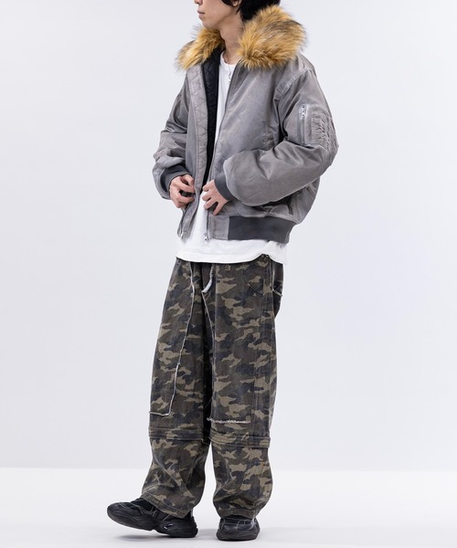 グレー MA-1 フライトジャケット ファー付き セール】【13】ヴィンテージ加工 脱着ファー フライトジャケット（MA-1