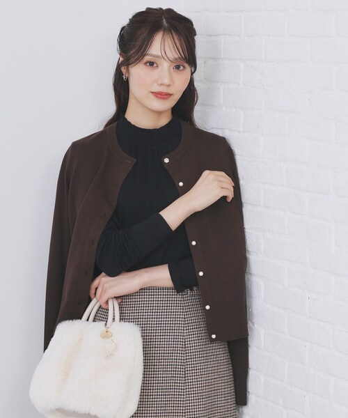 ひでこ　Cニット　グレー ビジュークルーネックカーディガン【洗濯機OK】《7col/XS～LL