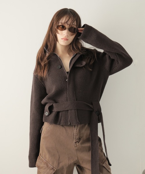 Ulysses（ユリシス）の「ベルト付きジップアップニットカーディガン（カーディガン/ボレロ・レディース・ブラック/グレー/ホワイト/ブラウン・F）」の14枚目の写真