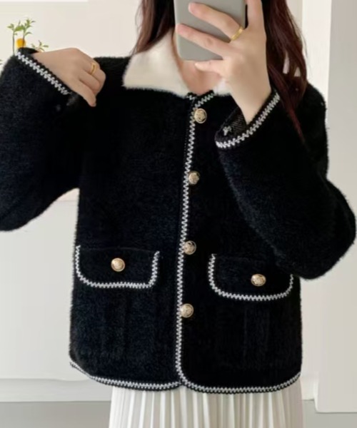 Sibra(シブラ)の「配色パイピングフェイクウールショートジャケット(カーディガン/ボレロ・レディース・ホワイト/ベージュ/ブラック・M)」の2枚目の写真