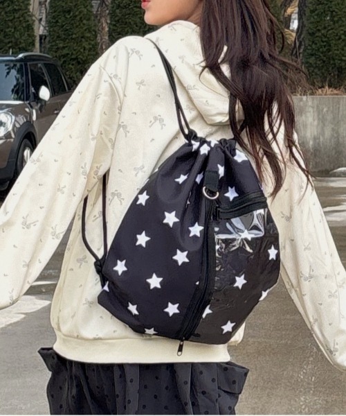 Vini（ヴィニ）の「【推し活】ウィッシュコア透明ポケット付きナップザック（バックパック/リュック・レディース・ブラック系その他/ブラック/ホワイト・FREE）」の3枚目の写真