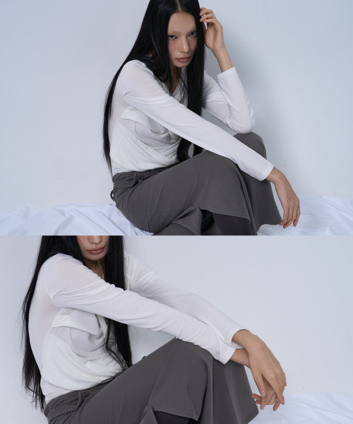 TWIST DRAPE LONG SLEEVE TOP (WHITE)（Tシャツ/カットソー