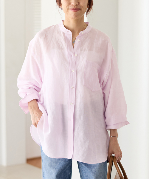 IENA（イエナ）の「《一部カラーWEB限定/》ラミーリヨセルバンドカラーシャツ（シャツ/ブラウス・レディース・サックスブルー/スカイブルー/ホワイト/ブラウン/ピンク・FREE）」の5枚目の写真