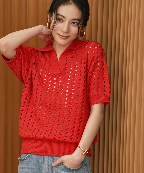 ELFRANK(エルフランク)の「透かし編み ポロニット トップス 半袖 襟付き《着用動画あり》(ニット/セーター・レディース・ブラウン/レッド/アイボリー/ブラック・FREE)」の9枚目の写真