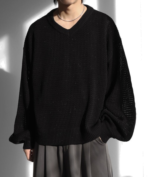 welise（ウェライズ）の「【welise/ウェライズ】ブライトラメシアー ショート丈長袖Vネックプルオーバーニット（ニット/セーター・メンズ・チャコールグレー/ダークブルー/ブラック・S/M/L）」の5枚目の写真