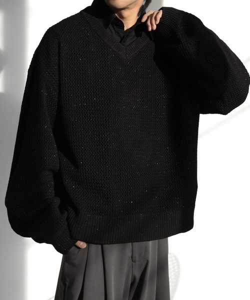 welise（ウェライズ）の「【welise/ウェライズ】ブライトラメシアー ショート丈長袖Vネックプルオーバーニット（ニット/セーター・メンズ・チャコールグレー/ダークブルー/ブラック・S/M/L）」の7枚目の写真