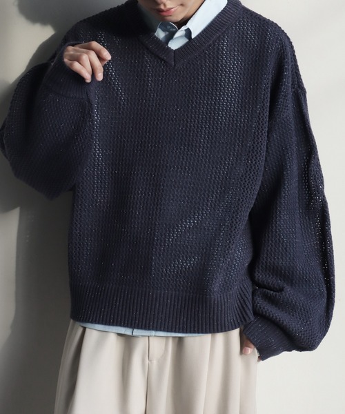 welise（ウェライズ）の「【welise/ウェライズ】ブライトラメシアー ショート丈長袖Vネックプルオーバーニット（ニット/セーター・メンズ・チャコールグレー/ダークブルー/ブラック・S/M/L）」の16枚目の写真