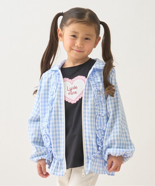 Lycee mine(リセマイン)の「【UVカット加工】ギンガムチェックフリルブルゾン【子供服】【キッズ】【女の子】(ブルゾン・キッズ・サックスブルー/ブラック/エメラルド/レッド/ラベンダー・150cm/100cm/130cm/110cm/140cm/120cm)」の4枚目の写真
