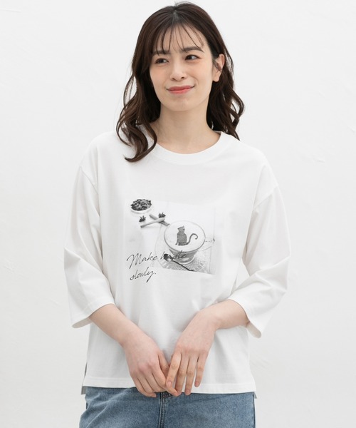 Honeys(ハニーズ)の「【ハニさら・接触冷感・UVカット】7分袖フォトプリントT(Tシャツ/カットソー・レディース・ピンク/スミクロ/グレイッシュベージュ/オフホワイト/ブルー・L/LL/M/S)」の8枚目の写真