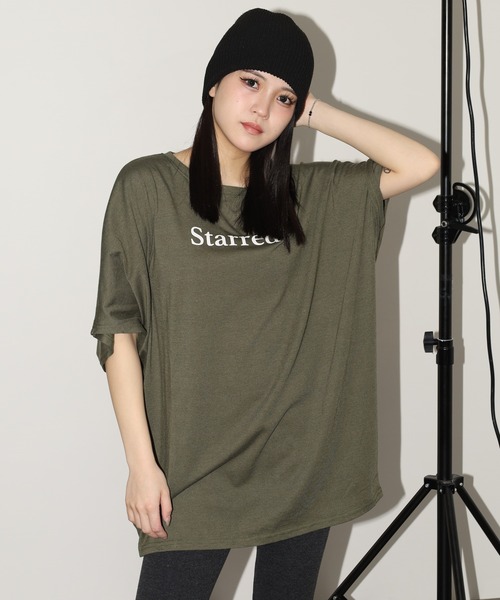 FUNALIVE(ファンアライブ)の「前後ロゴドルマンTチュニック 半端袖(Tシャツ/カットソー・レディース・モカ/カーキ/ブラック・L)」の1枚目の写真