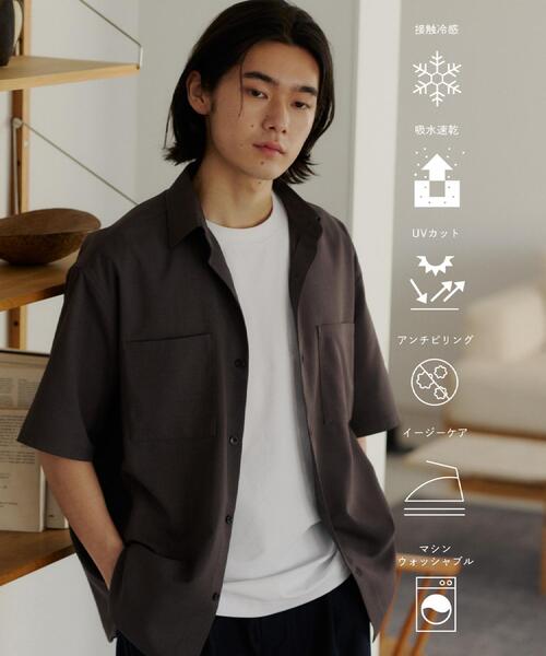 THE SHOP TK (ザ ショップ ティーケー )の「LITE TEX ダブルフラップ半袖シャツ 接触冷感/吸水速乾/UVカット/アンチピリング/イージーケア/洗濯機OK/セットアップ可(シャツ/ブラウス・メンズ・ブラック/ダークグレー/ブルー系その他/オリーブ・03/02/01/04)」の1枚目の写真