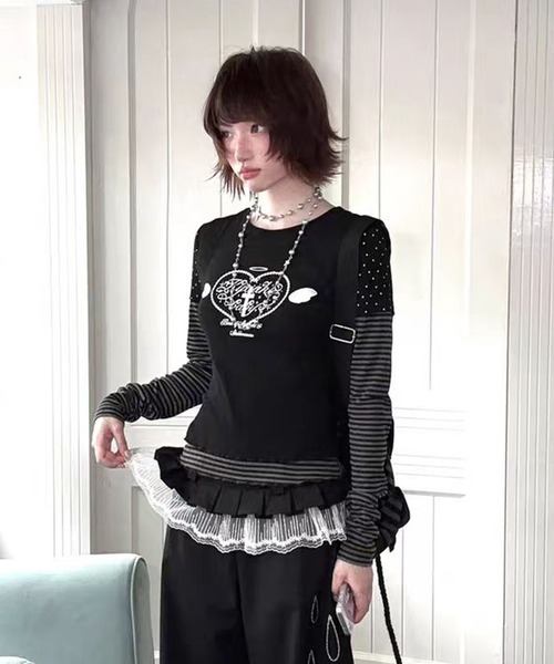 AsheKsha(アシクシャ)の「Y2K可愛いトップス/フェイクツーピーストップス(Tシャツ/カットソー・レディース・ブラック・M)」の2枚目の写真