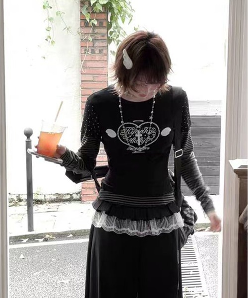 AsheKsha(アシクシャ)の「Y2K可愛いトップス/フェイクツーピーストップス(Tシャツ/カットソー・レディース・ブラック・M)」の5枚目の写真