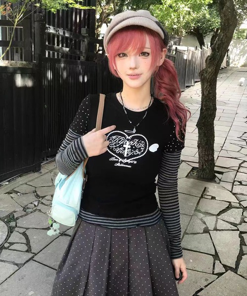 AsheKsha(アシクシャ)の「Y2K可愛いトップス/フェイクツーピーストップス(Tシャツ/カットソー・レディース・ブラック・M)」の6枚目の写真