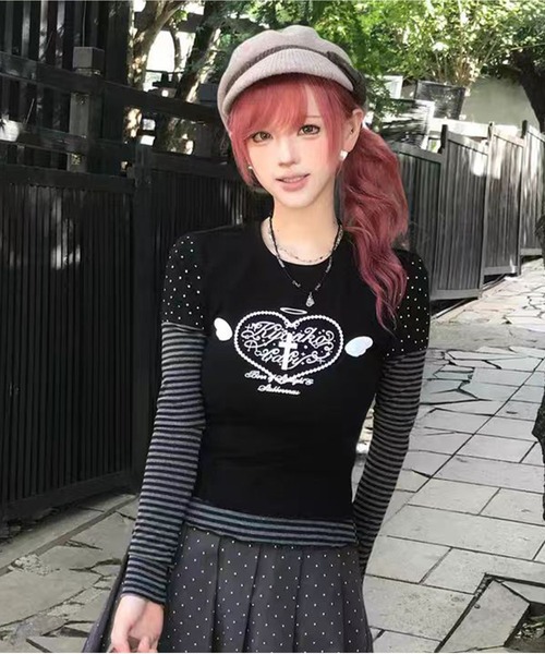 AsheKsha(アシクシャ)の「Y2K可愛いトップス/フェイクツーピーストップス(Tシャツ/カットソー・レディース・ブラック・M)」の7枚目の写真