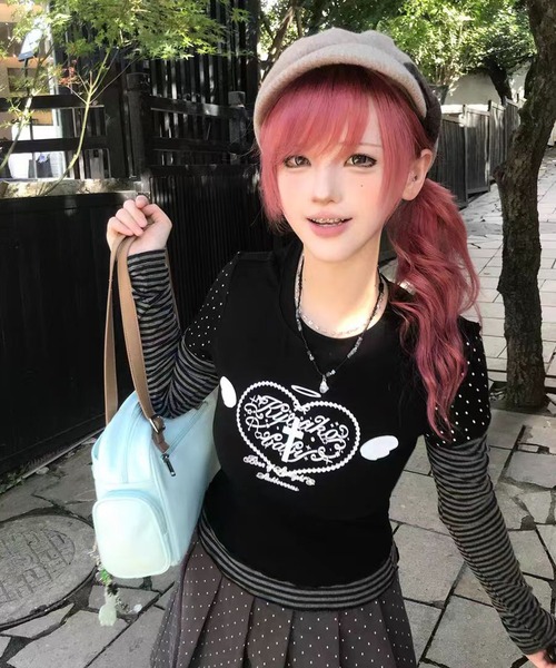 AsheKsha(アシクシャ)の「Y2K可愛いトップス/フェイクツーピーストップス(Tシャツ/カットソー・レディース・ブラック・M)」の8枚目の写真